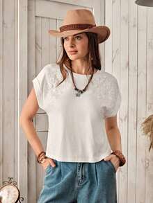 LUNE Camiseta de Manga Murciélago con Cuello Redondo, Casual - Blanco 2 - Ver 3