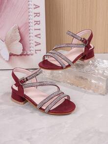Summer New Girls' Sandals, Little Girls' Rhinestone & Pearl Open Toe Princess Shoes, Mid-To-Large Children's Evening Party & Performance Shoes - Burgundy - View 3