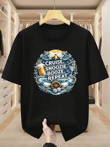Camiseta de hombre de talla grande 100% Elementos Náuticos Estampado Camiseta de manga corta Crucero Descanso Beber Patrón repetido Top moderno Camiseta cómoda casual de manga corta en verano - Negro - Ver 2