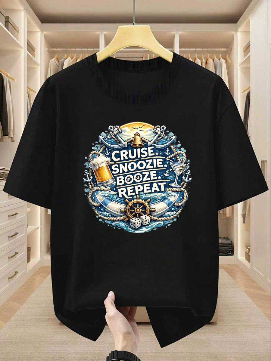 Camiseta de hombre de talla grande 100% Elementos Náuticos Estampado Camiseta de manga corta Crucero Descanso Beber Patrón repetido Top moderno Camiseta cómoda casual de manga corta en verano
