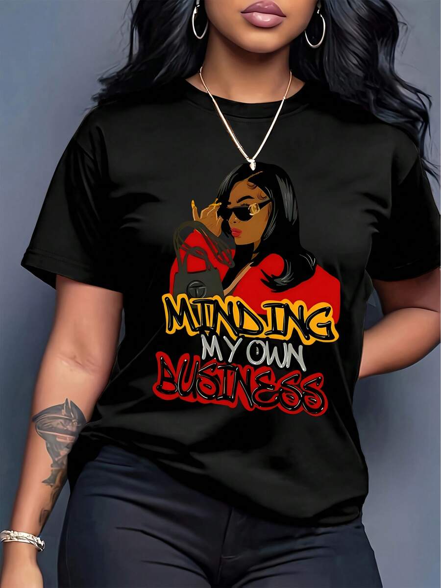 Camiseta Casual para Mujer con Estampado de Personajes de Dibujos Animados - Negro - Ver 1