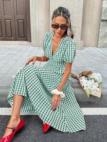 Vestido midi de corte evasé con cuello en V, mangas con volantes y cintura ceñida con estampado de cuadros para mujer - Verde - Ver 4