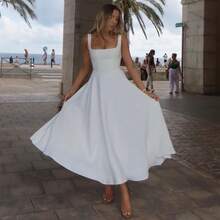 2026 Summer New European Women Square Neck Sleeveless Waist Slim Cami Dress - trắng - Xem 2