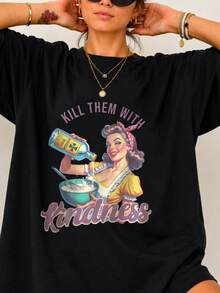 1 Piece 180g Camisera de Algodón para Mujer, Oversize Manga Corta Cuello Redondo con Estampado para el Diario y la Calle,designed by Y2K artists in the Bababask style - Negro 4 - Ver 1
