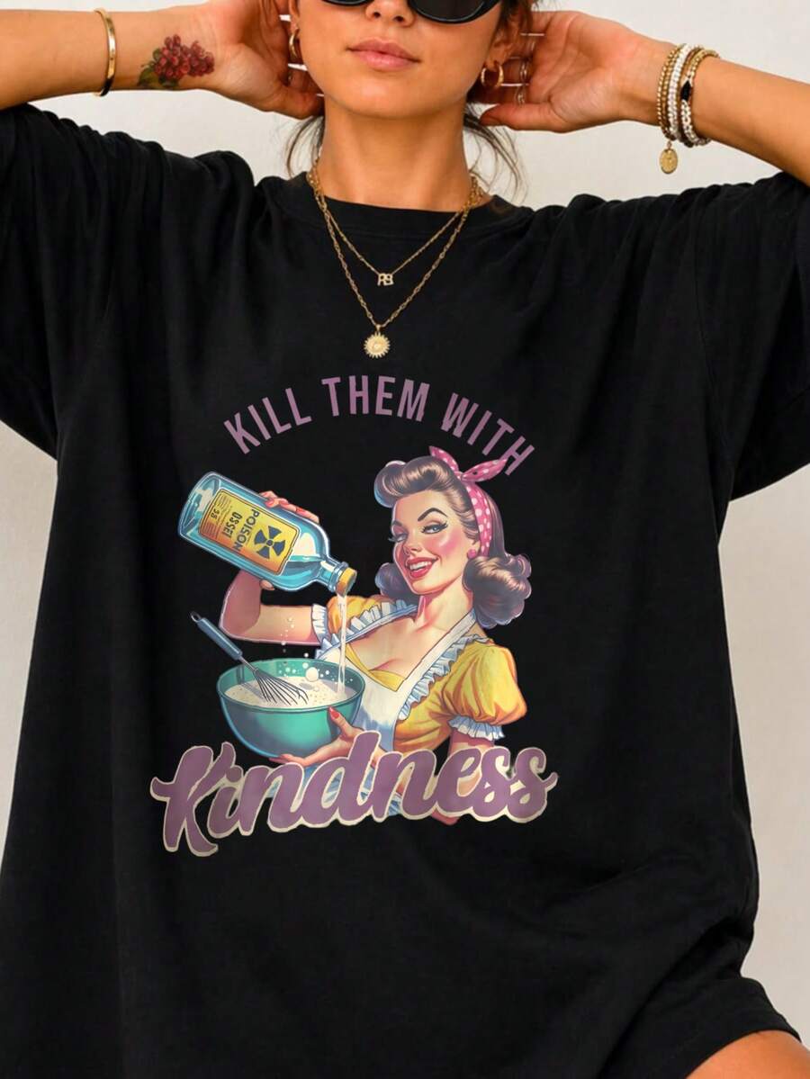 1 Piece 180g Camisera de Algodón para Mujer, Oversize Manga Corta Cuello Redondo con Estampado para el Diario y la Calle,designed by Y2K artists in the Bababask style - Negro 4 - Ver 1
