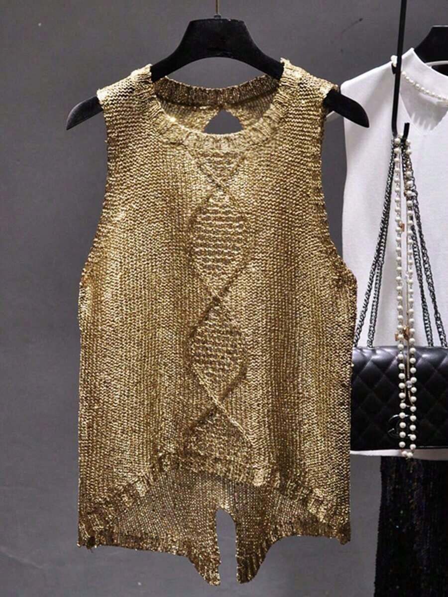 Camiseta de punto sin mangas para mujer, cuello redondo, diseño de bajo asimétrico, para verano - Dorado - Ver 1