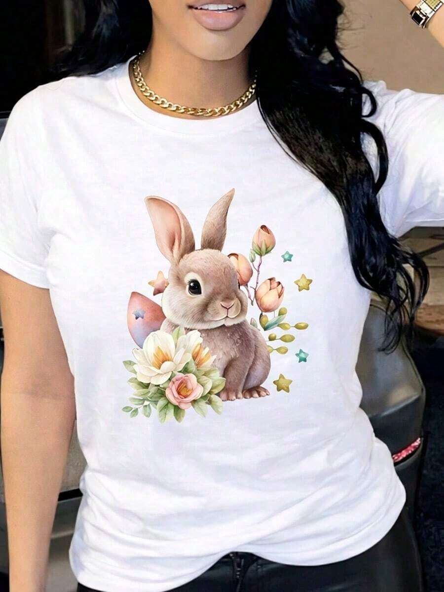 Soft Playera con diseño de conejo color café con flores, estampado, tierno, colorido, moderno, cuello redondo, manga corta, ideal para todos los días, llamativa, holgada, a la moda, ideal para tí.patrón patrón - Blanco - Ver 1