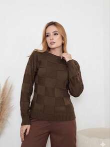 Women's Winter Knitted Blouse Boho  Square Knit Elegant Simple Casual Wool-Like Fabric Textured Knit Evening Holiday Wedding Office Street Travel Brunch Fall/Winter - 鏽棕色 - 查看 3