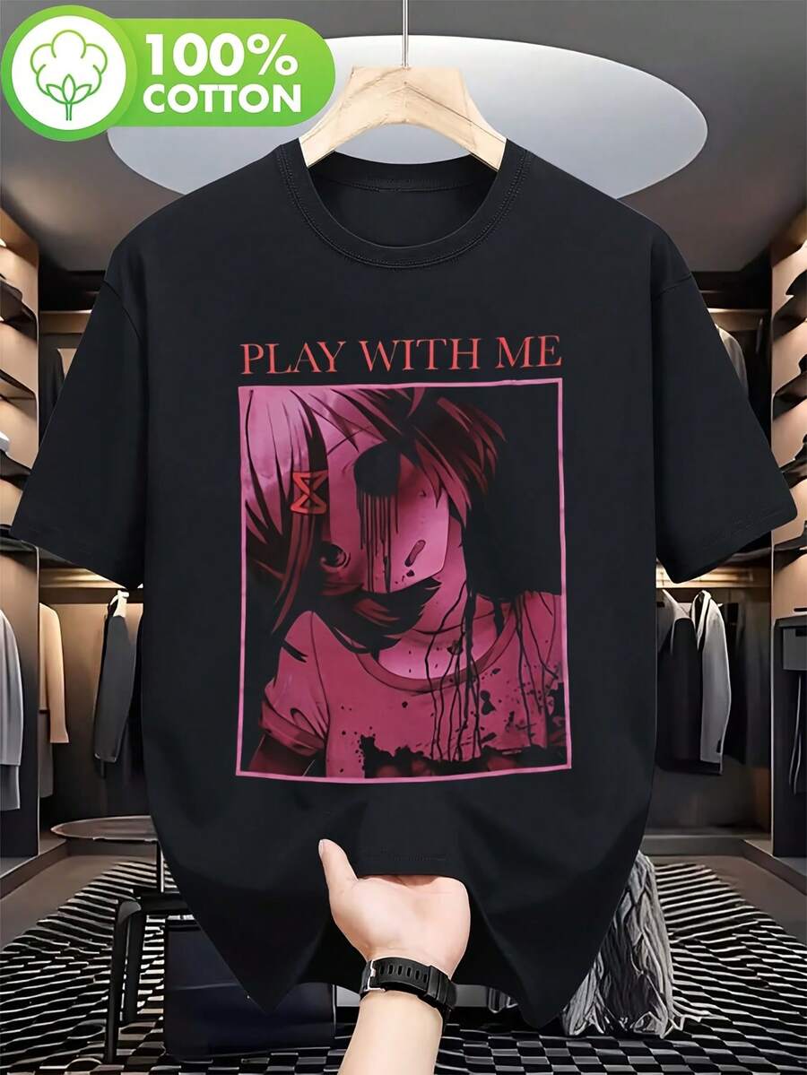 389_Camiseta negra para hombre con un divertido diseño de chica anime - material, perfecta para uso casual diario y expresión de moda. - Negro - Ver 1