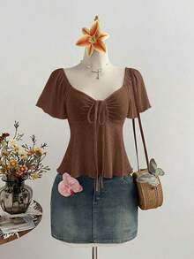 Blusa casual versátil de estilo francés para mujer, de punto puro blanco, con cuello en V, cordón y manga corta ajustada - Café integral - Ver 1