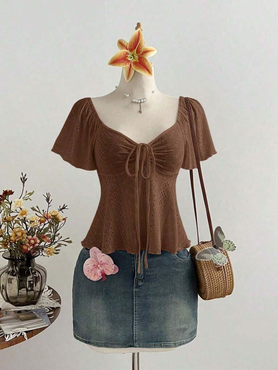 Blusa casual versátil de estilo francés para mujer, de punto puro blanco, con cuello en V, cordón y manga corta ajustada - Café integral - Ver 1