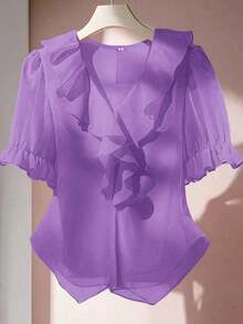 Blusa casual con cuello en V, mangas con volantes y pétalos - Morado - Ver 1