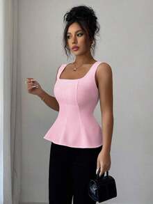 Blusa elegante de cuello cuadrado sin mangas para mujer, adecuada para la oficina, el transporte, el té de la tarde, las fiestas, las vacaciones y ocasiones casuales - Rosa - Ver 5