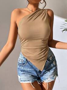 Blusa de moda versátil y a juego con hombros asimétricos para mujer - Caqui - Ver 5