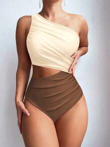 Swim 1 pieza Traje de baño de una pieza para mujer con diseño calado y fruncido en color liso - Marrón 2 - Ver 7