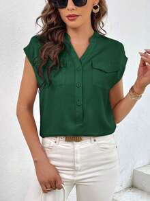 Camisa casual de mujer de unicolor con cuello en V, abotonadura sencilla y bolsillo - Verde Oscuro - Ver 5