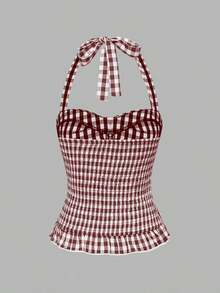 Avant Conjunto de camiseta sin espalda con cuello halter de estilo romántico de vacaciones con lunares y cuadros para mujer - Marrón Mocha - Ver 5
