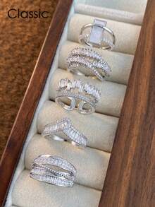 Bộ 5 chiếc nhẫn hở cao cấp, đính đá Cubic Zirconia lấp lánh, có thể điều chỉnh kích cỡ, phù hợp cho thời trang hàng ngày, tiệc tùng, lễ hội, đám cưới (Không kèm hộp quà). - Bạc - Xem 2