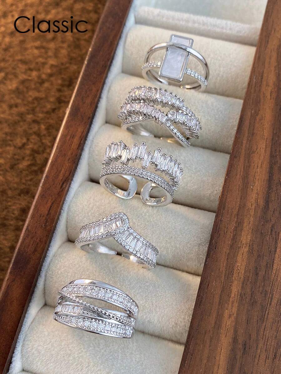 Bộ 5 chiếc nhẫn hở cao cấp, đính đá Cubic Zirconia lấp lánh, có thể điều chỉnh kích cỡ, phù hợp cho thời trang hàng ngày, tiệc tùng, lễ hội, đám cưới (Không kèm hộp quà).