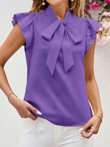 Blusa con lazo elegante para mujer, versátil para el trabajo y el uso casual, verano - Morado - Ver 5