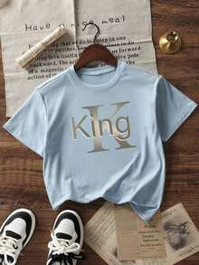 Camiseta de manga corta con cuello redondo y estampado de la palabra "Rey" en estilo urbano para niños - Gris - Ver 3