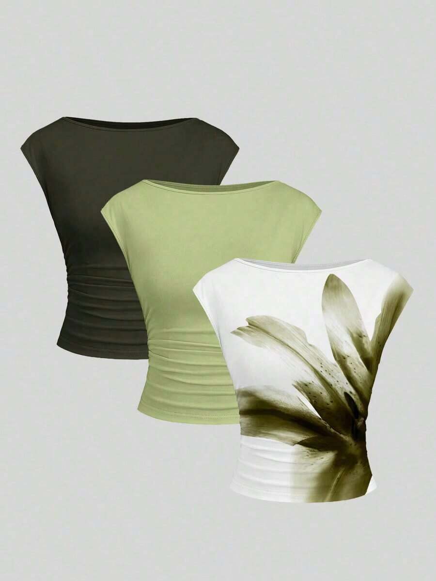 Set de 3 blusas/camisetas ajustadas para mujer con espalda descubierta, transpirables y de secado rápido - Multicolor 2 - Ver 1