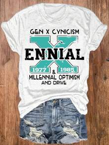 Women's Crew Neck T-Shirt With Fun Letter Print, Casual Short Sleeve Top, Women's Clothing - Breathable And Skin Friendly - 白色 - 查看 3