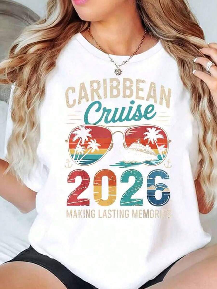 Camiseta de mujer de talla grande para usar en vacaciones en el Caribe 2026, con estampado "Creando recuerdos duraderos", de cuello redondo, casual y c￳moda, de 220g