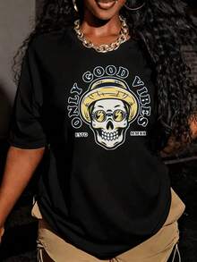 Camiseta de mujer de corte holgado, opciones de color y blanco, estampado de calavera con sombrero y gafas de sol, camiseta gráfica Only Good Vibes, top casual de verano para mujeres, atuendo de vacaciones en la playa, estilo de moda urbana, camiseta de algodón a, tops de verano, camisetas gráficas, atuendos de verano para mujeres, camisetas gráficas, tops cortos para mujeres, tops para mujeres, vintage, ropa de algodón linda, atuendo de Navidad para mujeres, vestidos elegantes de mujerSuitable for spring, summer and autumneurmuseeurmuse - Negro - Ver 7