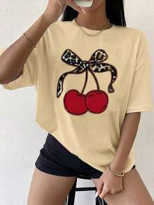 Camiseta Casual de Manga Corta para Mujer, de Poliéster, con Estampado de Cerezas y Lazo de Leopardo, Cuello Redondo, Corte Regular - Multicolor - Ver 10