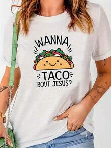 Camiseta de cuello redondo con estampado de taco, camisa de manga corta casual parrimavera y verano, ropa de mujer - Blanco - Ver 2