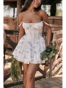 Women's Short Dress With Lace Straps And Fitted Design - 藍色 - 查看 1