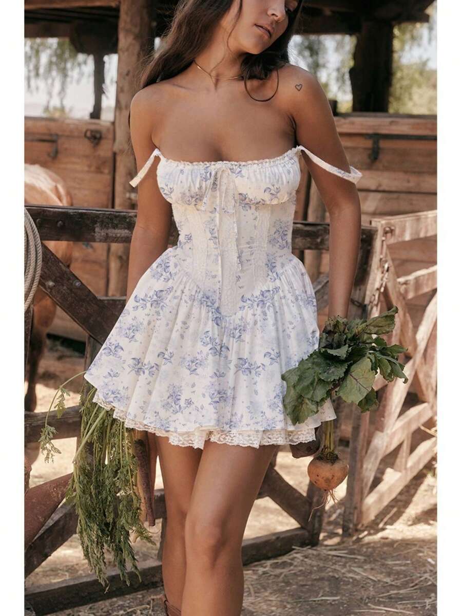 Women's Short Dress With Lace Straps And Fitted Design - 藍色 - 查看 1