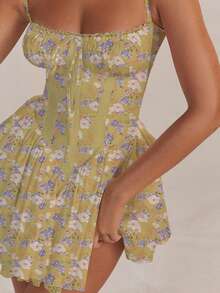 Women's Short Dress With Lace Straps And Fitted Design - 黃色 - 查看 4
