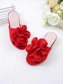 1 Pair Children's Fashionable Red Slide Sandals, Girls' High Heel Thick Heel Slide Sandals, Red Upper With Red Large Flower Decor, Fresh And Versatile Princess Style, Suitable For Summer Outings, Banquets, Parties, Weddings, Vacations - Red - View 4