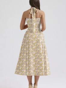 Long Dress With Adjustable Straps And An Elegant European-Style Print. - Yellow - View 4