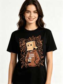 Tops para mujerChaleco holgado de manga corta para mujer con estampados de cabezas de dibujos animados y grafitis, con la frase Persona amable.Una Chaqueta informal adecuada para el estilo urbano de verano, ropa casual deportiva y uso diario. - Negro - Ver 9