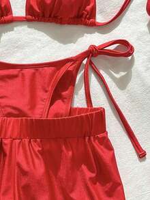 Swim Vcay Conjunto de 3 piezas de bikini con textura de tela a rayas azul y blanco, con tirantes finos y cuello halter, para primavera/verano 2026 - Burdeos - Ver 7