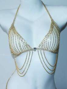 1pc Summer Bling Tassel Crystal Bra, Fashionable Bikini For Nightclub, Beach Party, Crystal Chest Chain - Golden - View 6