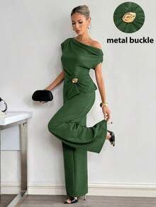 Conjunto informal de top con hombros fruncidos y decoración metálica, y pantalones de mujer de unicolor - Verde - Ver 12