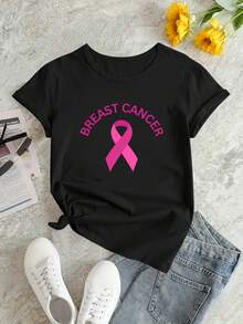 2026Casual Loose Summer T-Shirt With Pink Ribbon Breast Cancer Letter Print  Addio Al Nubilato - Black - View 2
