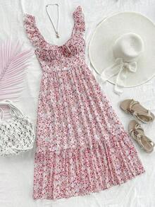 Vestido midi de línea A con cintura fruncida y escote en V, estilo vacacional para mujer.Vestido de línea A con volantes en las mangas tipo campana, de gasa, vestido de verano, adecuado para uso en bodas románticas y almuerzos - Multicolor 2 - Ver 1
