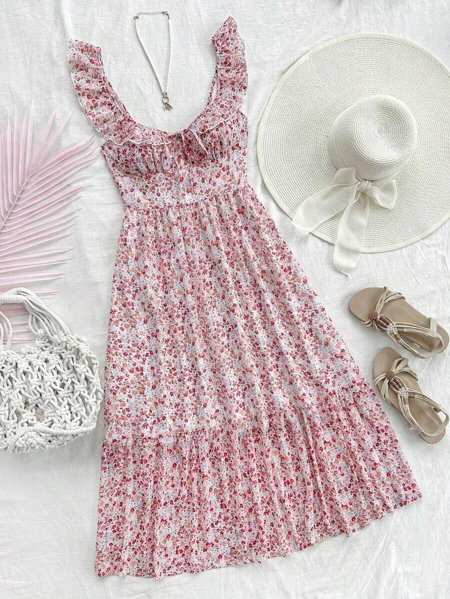 Vestido midi de línea A con cintura fruncida y escote en V, estilo vacacional para mujer.Vestido de línea A con volantes en las mangas tipo campana, de gasa, vestido de verano, adecuado para uso en bodas románticas y almuerzos - Multicolor 2 - Ver 1