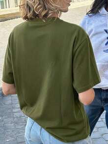 Camiseta de mujer estampada de manga corta para verano, tela de poliéster, estilo multifuncional, corte regular, peso 180 gramos, 1 unidad. - Verde militar - Ver 2