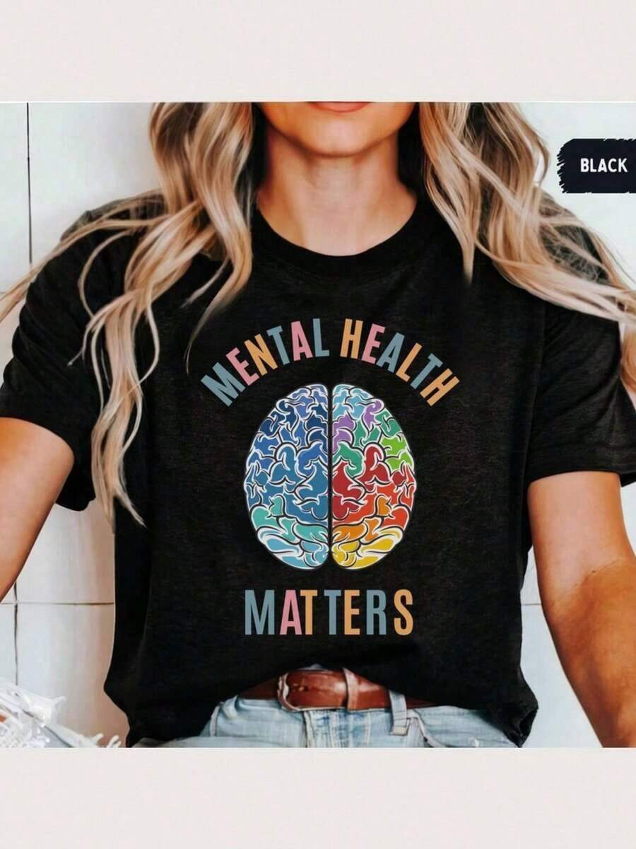 Playera minimalista moderna 100% algodón Mental Health Matters, Camiseta de Salud Mental, Sudadera de Psicólogo Escolar, Sudadera con Capucha Inspiradora, Concientización sobre Salud Mental, Camiseta con Diseño de Cerebro, Camisetas de Verano para Mujer, Camisetas Gráficas Estampadas de Gran Tamaño 100% Algodón para Mujer, Camiseta Casual de Cuello Redondo y Manga Corta, 1 pieza, Camiseta de Moda, Regalo de Halloween, Regalo de Navidad - Negro005 - Ver 1