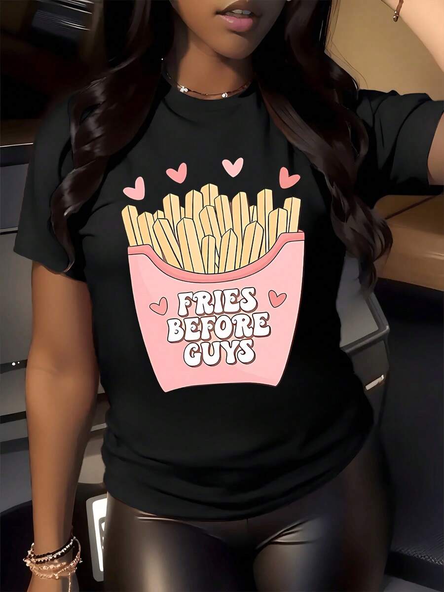 Papas fritas dentro de una caja rosa con corazones simbolizan amor propio y amistad entre mujeres con mensaje divertido que expresa confianza y alegría camiseta de mujer casual moderna - Negro - Ver 1