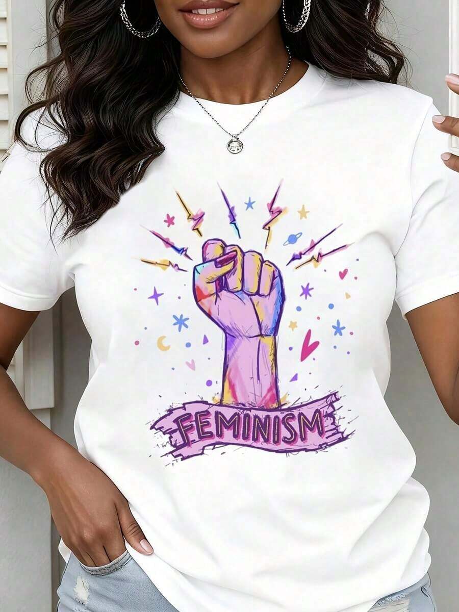 Camiseta de Cuello Redondo para Mujer con Estampado de Puño de Feminismo, Rayo y Estrellas, Manga Corta, Ropa Casual para Uso Diario y Eventos de Activismo - Blanco - Ver 1