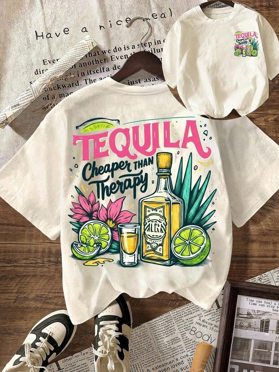 1pc Women's Casual Short Sleeve Crew Neck Graphic T-Shirt, "Tequila Is Cheaper Than Therapy" Drinkers Club 100% Cotton - 淺杏色 - 查看 1