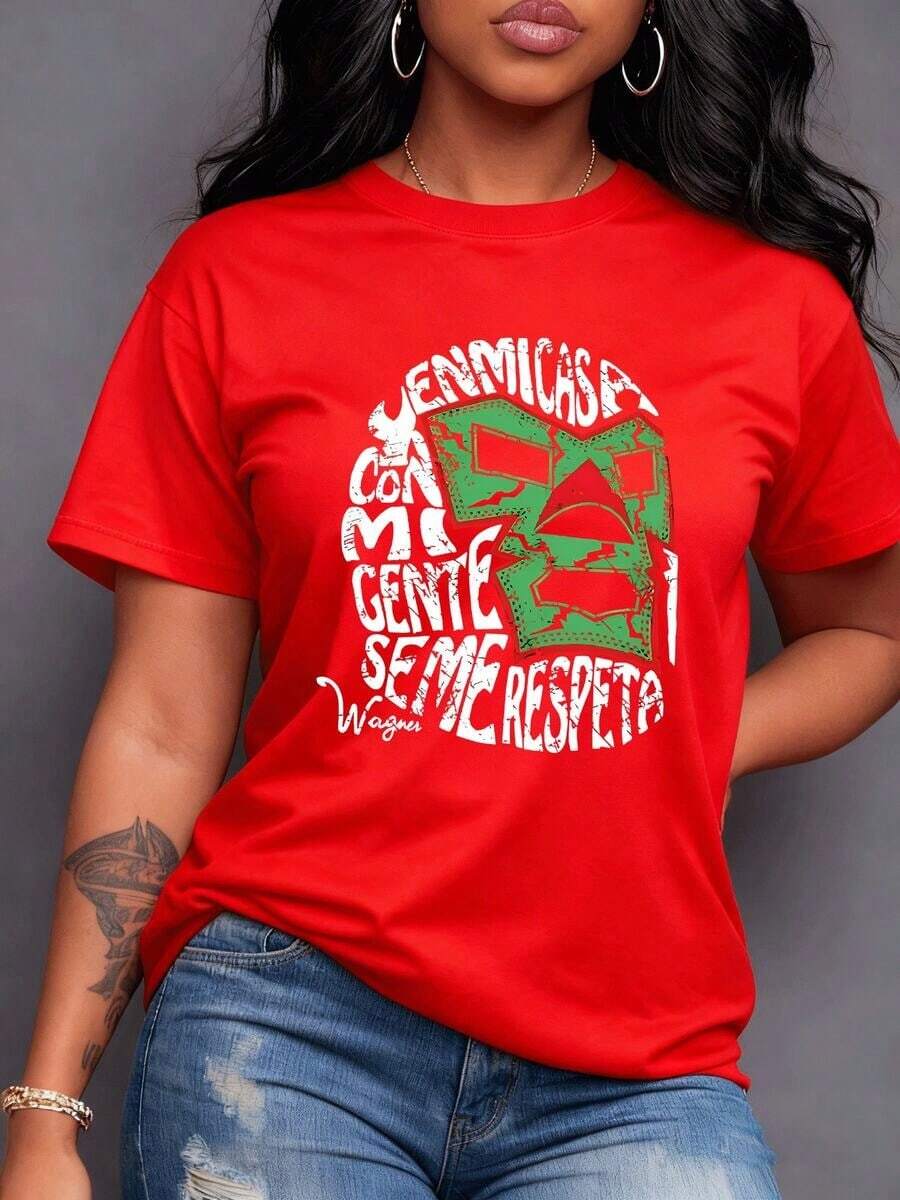 The Graphic Shows A Wrestler's Mask In Green And Red, Symbolizing Strength, Cultural Pride, And Respect, With Hand-Painted Text Expressing Trust, Courage, And Unity Among People. Women's T-Shirt, 100% Cotton - Vintage Street Style Unisex Loose Cotton Short Sleeve Crew Neck Shirt - 紅色 - 查看 1