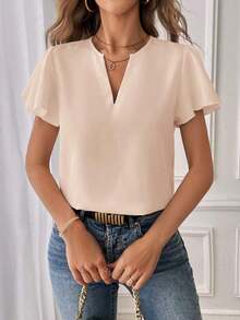 Camisa de mujer de unicolor con escote en V entallado y manga corta, informal y adecuada para el trabajo, blusas de manga corta - Albaricoque - Ver 6
